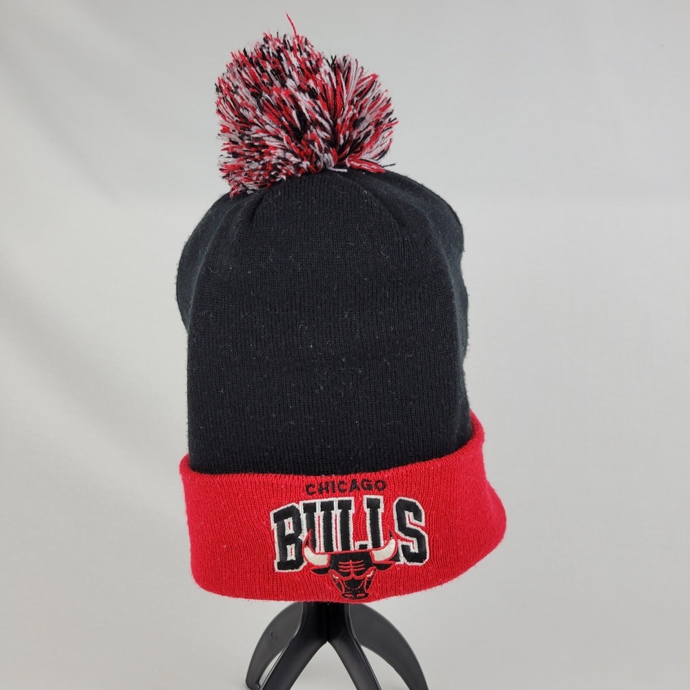 Chicago Bulls Mitchell & Ness Beanie Hat Puff Ball Red Black Knit‎ Cap KH57Z